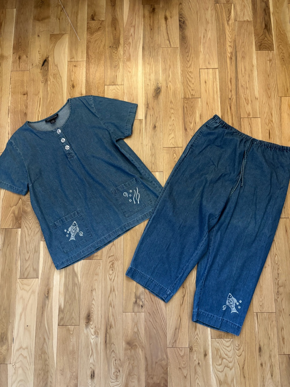 Vintage Excitation Chambray Fish Embroidered 2-Piece Lounge Set L | A6